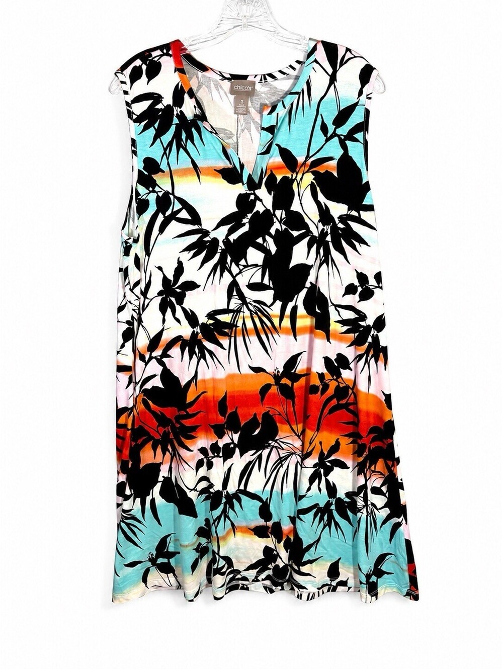Chico's Tropical Print Sleeveless Shift Dress in Black, Turquoise, Orange, White